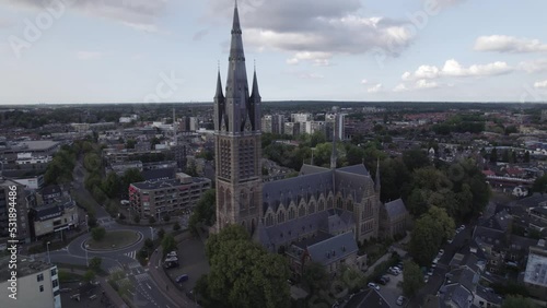 Old Roman Catholic Saint Vitus Church in Hilversum; aerial arc photo