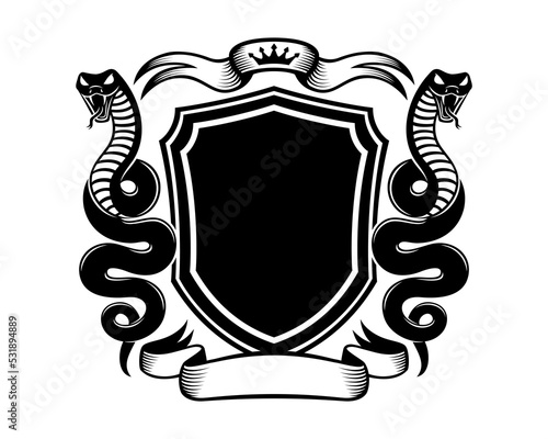 Icon with two snakes and a shield on a white background.