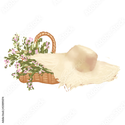 straw hat,  basket illustration of a flowers