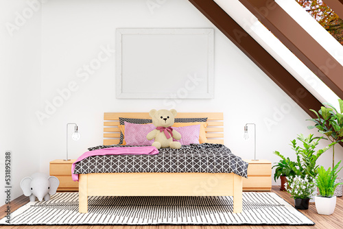 A bedroom mockup picture frame. 3d rendered illustration.