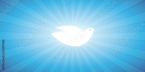 Flying Peace Pigeon, Christian Baptism Symbol - Background Design Concept with White Dove and Bright Rays of Light - Religious Sign