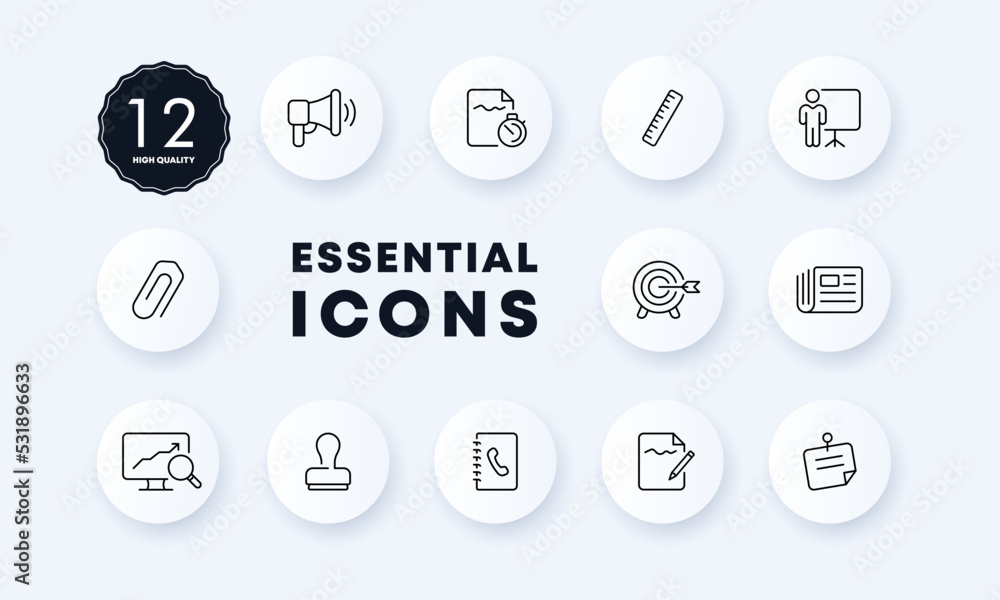 Working infographics set icon. Achievement, document, megaphone, seal, newspaper, stopwatch, ruler, statistics, target, magnifier, flipchart, contacts. Business concept. Neomorphism. Vector line icon