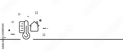 Thermometer with a house line icon. Smart house, home, atmosphere, room temperature, air humidity, warm. Climate control concept. One line style. Vector line icon for Business and Advertising