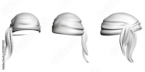 Set with a polygonal model of a white bandana isolated on a white background. Pirate bandana. Front, side, back view. 3D. Vector illustration.