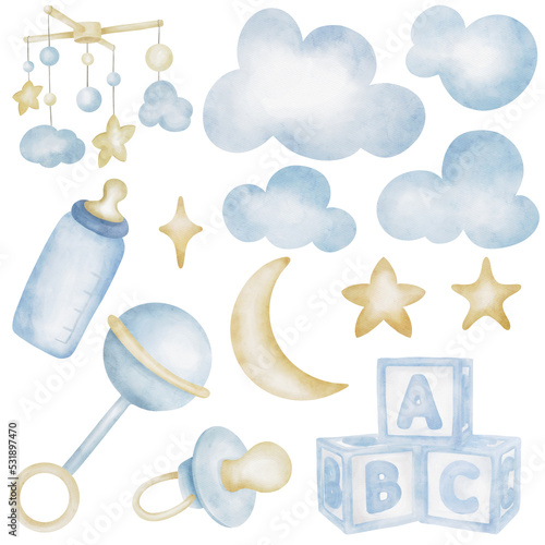 Watercolor Set of baby kids illustration of bottle, cubes, clouds, stars, moon, pacifier, rattle