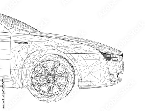Polygonal wireframe of the front of the car from black lines isolated on a white background. Side view. 3D. Vector illustration.