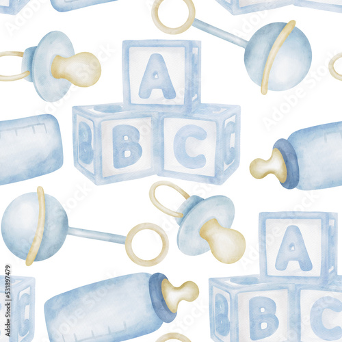 Watercolor baby kids cubes, pacifier, rattle seamless pattern photo