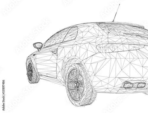 Polygonal wireframe of the back of the car from black lines isolated on a white background. Back view. 3D. Vector illustration.