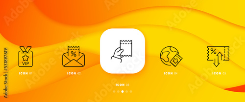 Tickets set icon. VIP place, badge, star, travel, discount, arrows, send, planet, cash register, percent, letter. Pass documents concept. Infographic timeline with icons and 5 steps. Vector line icon