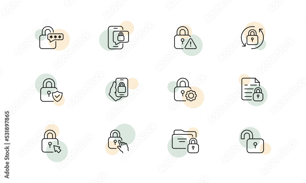 Locks set icon. Security system, lock, phone, warning, circular arrows, hand, gear, document, arrow, folder, safety, protection. Privacy concept. Vector line icon for Business and Advertising Locks set icon. Security system, lock, phone, warning, circular arrows, hand, gear, document, arrow, folder, safety, protection. Privacy concept. Vector line icon for Business and Advertising