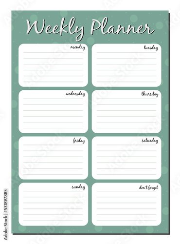 Diary page, weekly planner. Vector design for a daily planner, to-do list for the week.