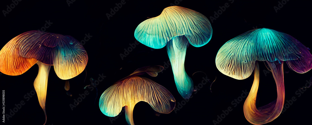 Bioluminescent Mushroom design wallpaper, glowing mushrooms on dark