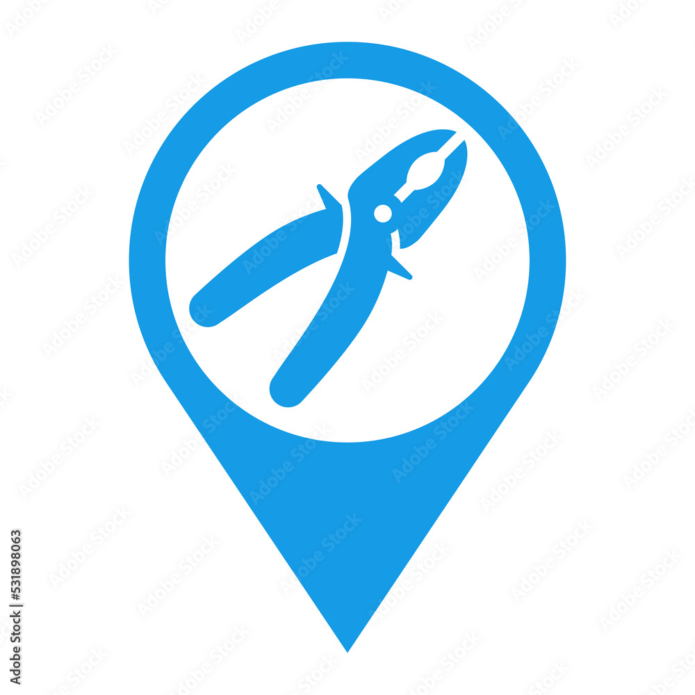 Logo pliers. Silueta de herramienta alicates en puntero de posición color azul Logo pliers. Silueta de herramienta alicates en puntero de posición color azul