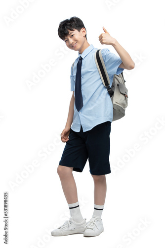 Cheerful schoolboy doing thumbs up