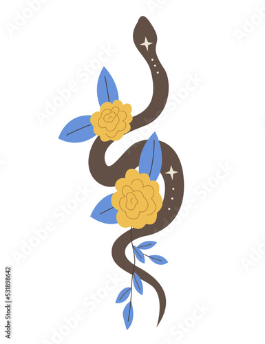 Collection of vector magic fairy tale elements, icons and illustrations. Snake and flower.