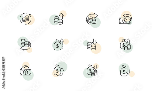 Money set icon. Deposit, dollar bill, bag, spending, expense, cash, coins, banking, database, investment, salary, income, loan, arrows. Financial management concept. Vector line icon for Business
