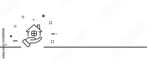 Hand holding a house line icon. Real estate, private property, protection, flat, apartments, stay home, quarantine. Home life concept. One line style. Vector line icon for Business and Advertising