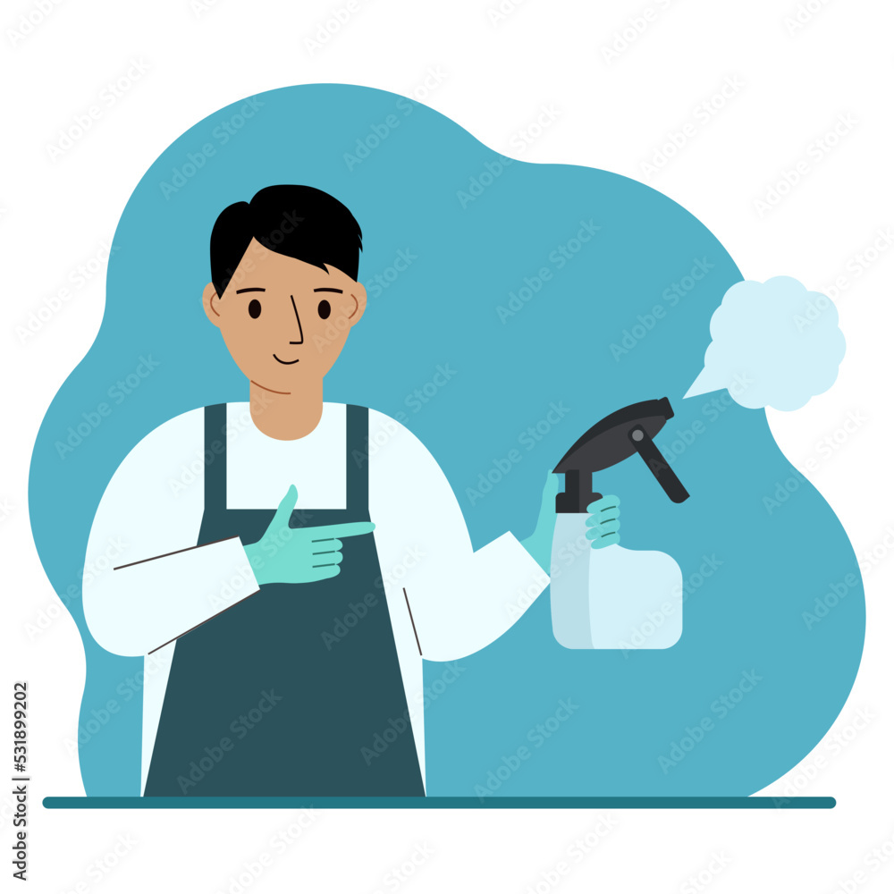 A man in gloves holds a spray bottle with disinfectant liquid, antiseptic or detergent. Home disinfection and hygiene.