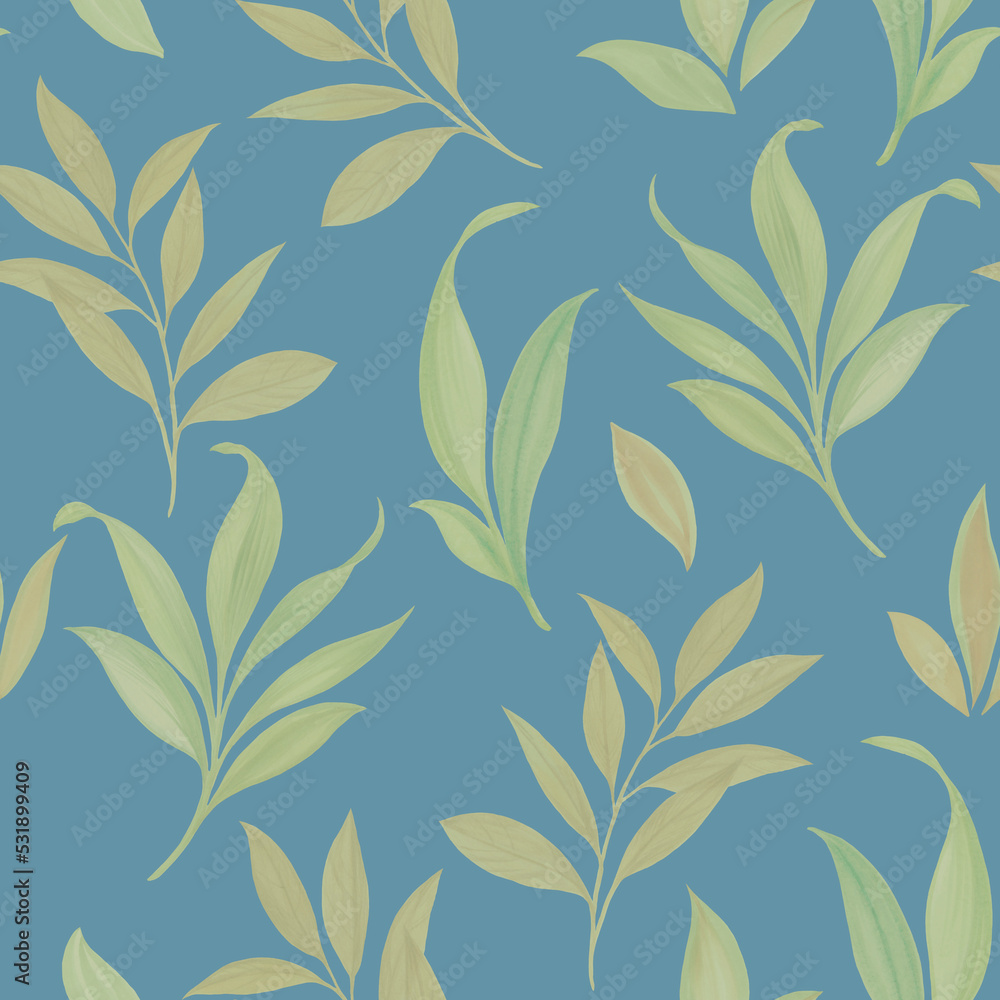 Seamless pattern with green leaves on a blue background. Abstract botanical ornament for wallpaper and textile. Seamless pattern with green leaves on a blue background. Abstract botanical ornament for wallpaper and textile.