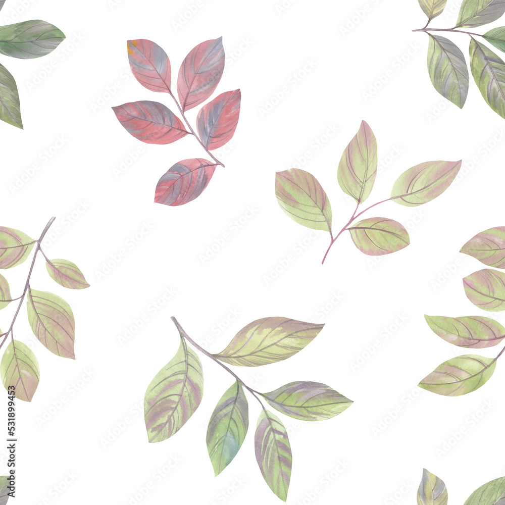 Abstract leaves with branches, seamless botanical pattern. watercolor leaves collected in an ornament for design, baking and wallpaper.