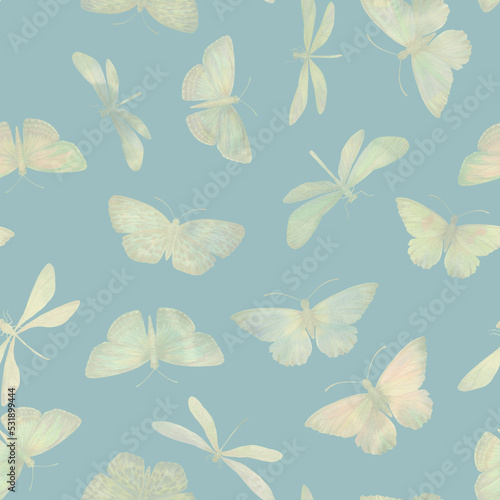 Seamless botanical pattern. Butterflies painted in watercolor and isolated on a colored background.