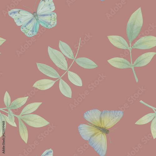 Butterflies and leaves seamless ornament. Watercolor botanical pattern. Delicate butterflies and branches.