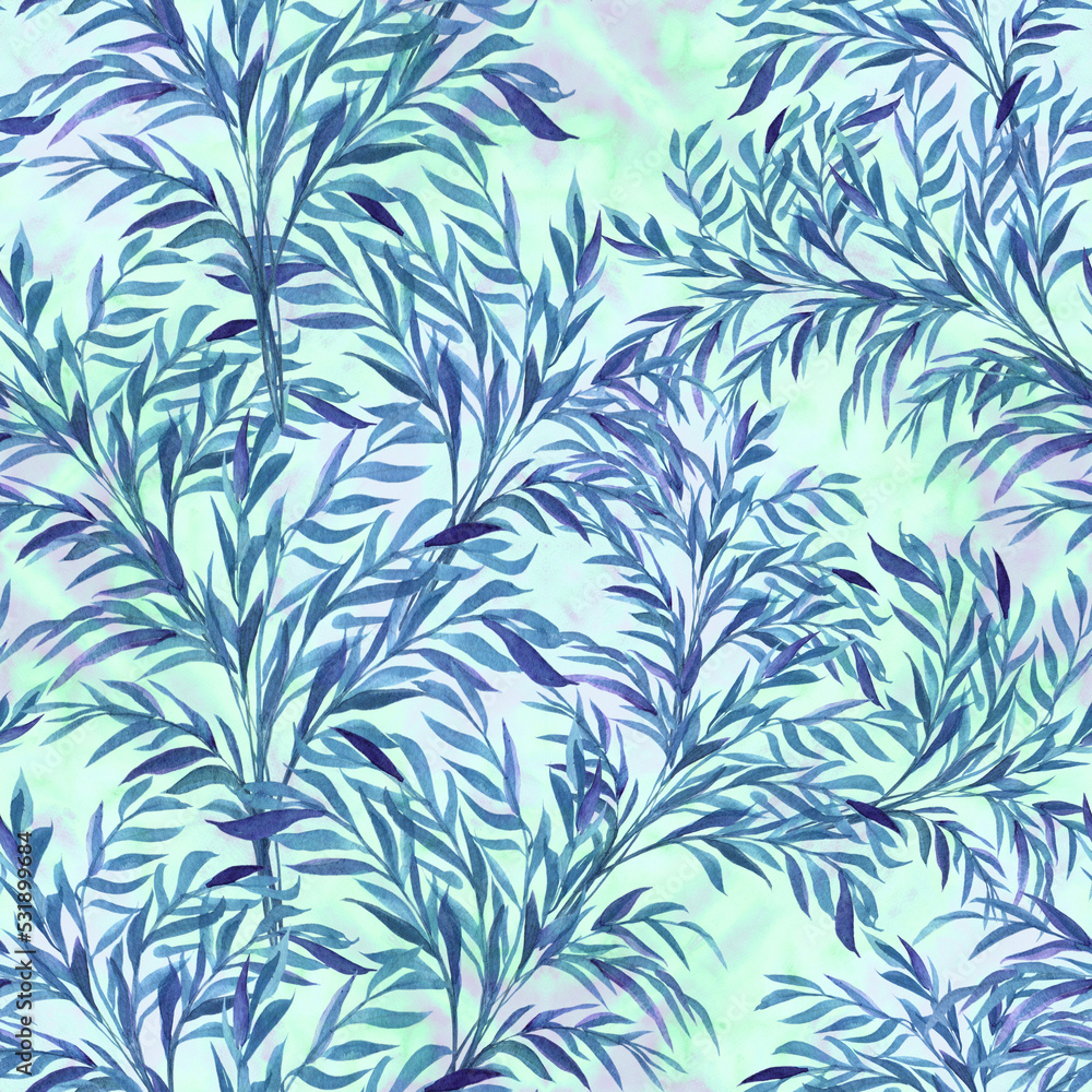 Obraz premium Leaves on a branch, watercolor drawing decorative composition with plants. Seamless pattern. Eco-print. Use printed materials, signs, posters, postcards, packaging.