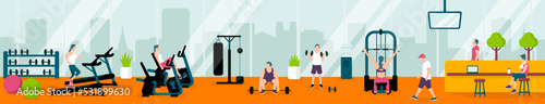 People working out at the gym.  Horizontal vector  banner illustration.