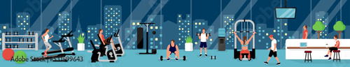 People working out at the gym.  Horizontal vector  banner illustration.