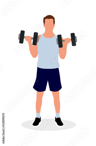 Vector illustration of a man holding dumbbells and training his arms. © barks