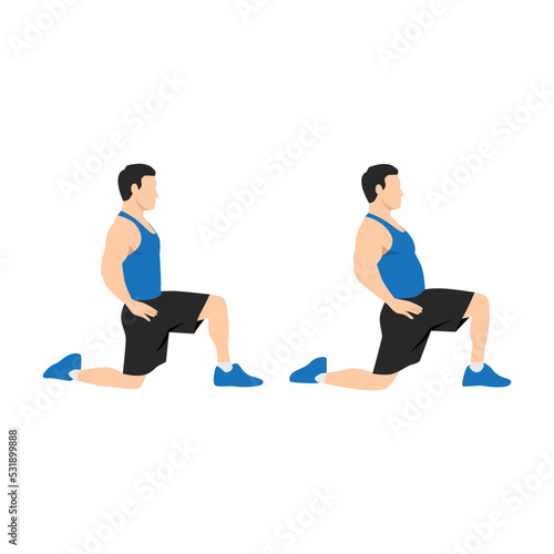 Man doing kneeling hip flexor stretch exercise. Flat vector illustration isolated on white background