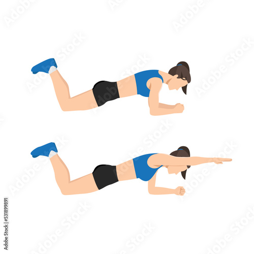 Woman doing Knee plank or reach with swimmer pose exercise. Flat vector illustration isolated on white background