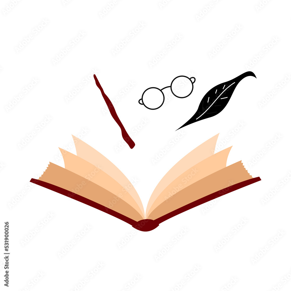 Fototapeta premium Collection of vector magic fairy tale elements, icons and illustrations. Book and glasses.