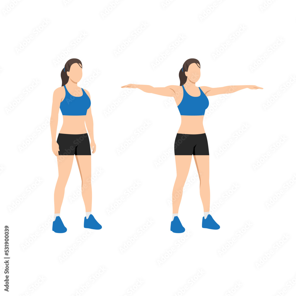 Woman doing Double arm side or lateral raises exercise. Raise both arms laterally until horizontal. Flat vector illustration isolated on white background Woman doing Double arm side or lateral raises exercise. Raise both arms laterally until horizontal. Flat vector illustration isolated on white background