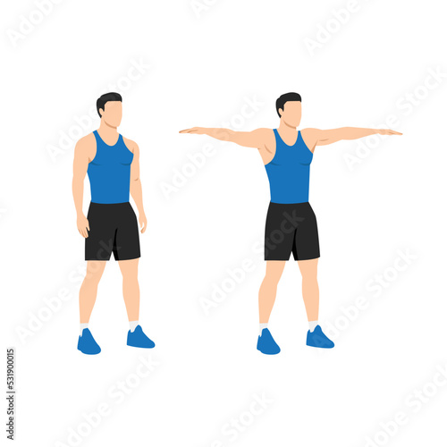 Man doing Double arm side or lateral raises exercise. Raise both arms laterally until horizontal. Flat vector illustration isolated on white background