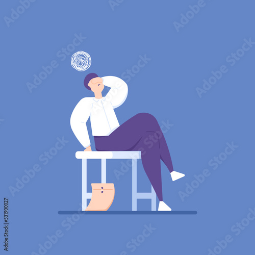 an unemployed or job applicant who is confused about finding a job. depression, stress, fatigue, dizziness. a man sat down to rest because he was tired. concept illustration design. vector elements