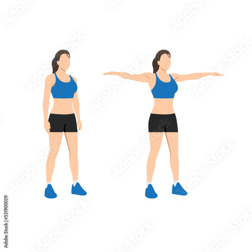 Woman doing Double arm side or lateral raises exercise. Raise both arms laterally until horizontal. Flat vector illustration isolated on white background