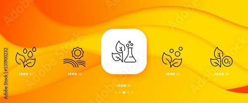 Plants set icon. Leaves, water drops, sun, warm, sunlight, chemistry, natural sciences, laboratory flask, photosynthesis, produce oxygen. Nature concept. Infographic timeline with icons and 5 steps