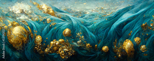 Aqua marine gold and white abstract background, swirly waves and floral patte...