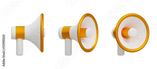 Set of 3d gold megaphone isolated on white background. Vector illustration