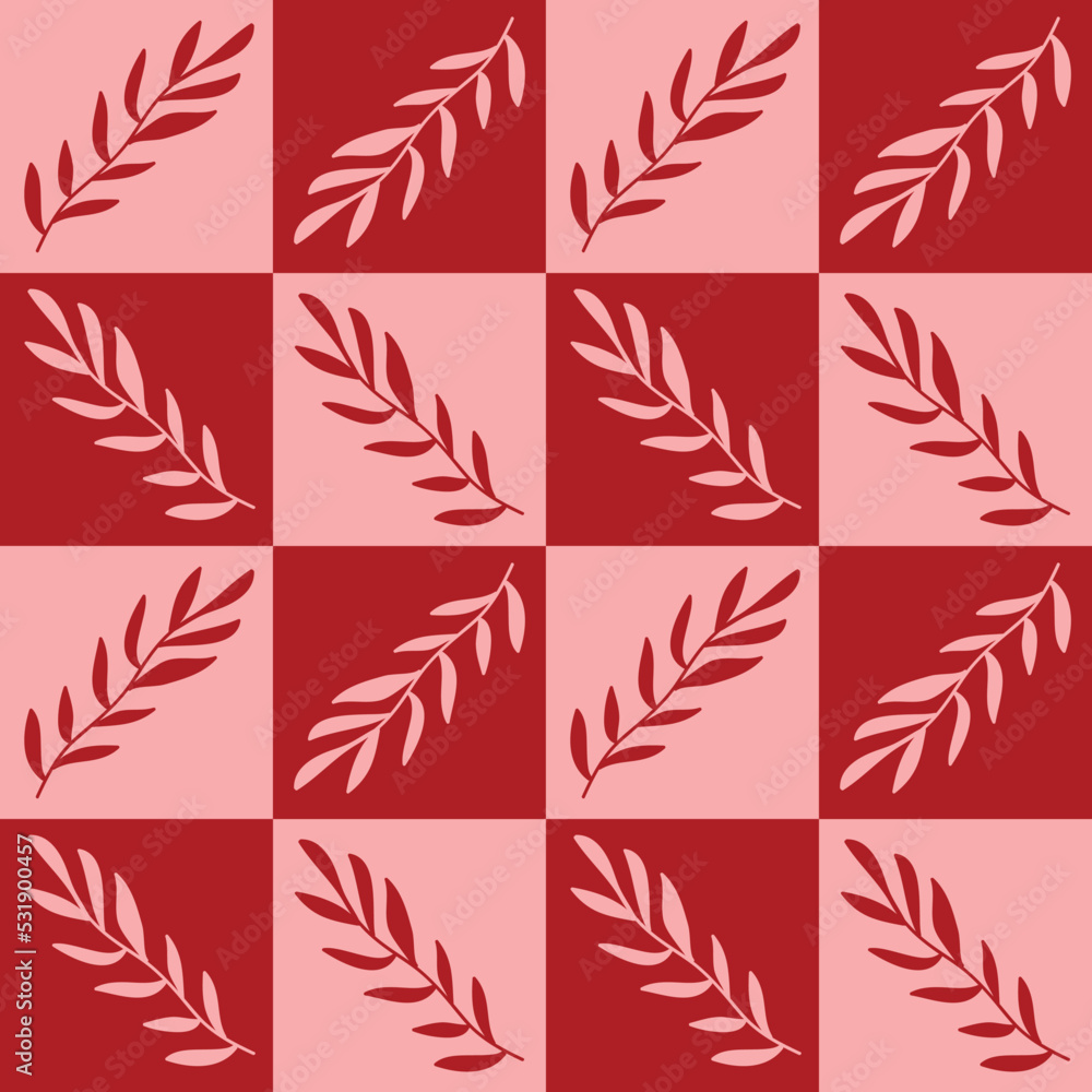 Abstract Hand Drawing Geometric Checkered Squares with Leaves Seamless Vector Pattern Isolated Background
