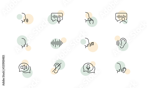 Sound set icon. Wave, ear, be quiet gesture, hear, speech bubble, hearing, voice message, speak, megaphone, crossed out, volume. Communication concept. Vector line icon for Business and Advertising