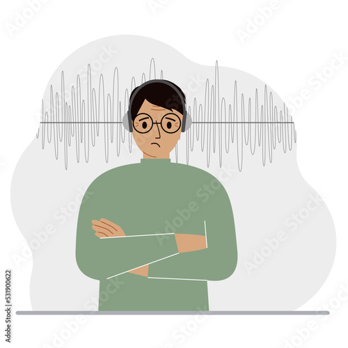 Man in headphones and a sound track. Concept of online podcast, radio, online books, online learning and music.