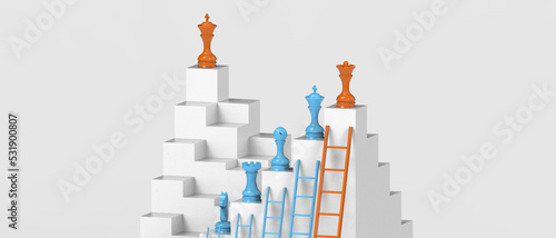 Chess piece concept has a ladder with the achievements and goals of business leaders in different perspectives on isolated Background. copy space, Development, banner, website -3d Rendering
