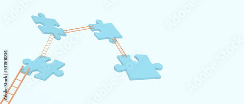 Creative idea. Business ideas of Success jigsaw and ladder for Teamwork concept on Blue background. copy space  Network data  connection  Development  banner  website -3d Rendering