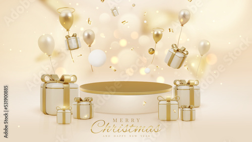 Merry christmas background with product display podium and gift box decoration and golden ball and balloons with ribbon and glitter light effect and bokeh elements.