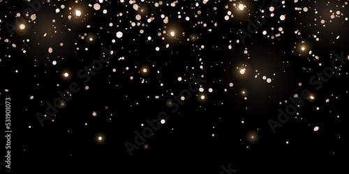 Bronze gold glitter confetti with glow lights on black background. Vector