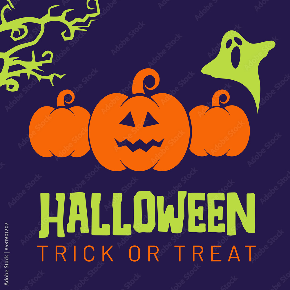 Happy halloween greeting with pumpkins on purple background