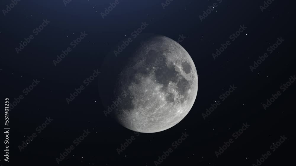 Cinematic zoom out of Moon in Space with bright and dark areas on stars background. Cinematic zoom out of Moon in Space with bright and dark areas on stars background.
