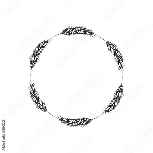 Round wreath with abstract floral elements. Frame with cereal plants. Harvest symbol, wheat icon, crop. Decorative border with twigs hand drawn. Minimalist design, black outline drawing. Monogram